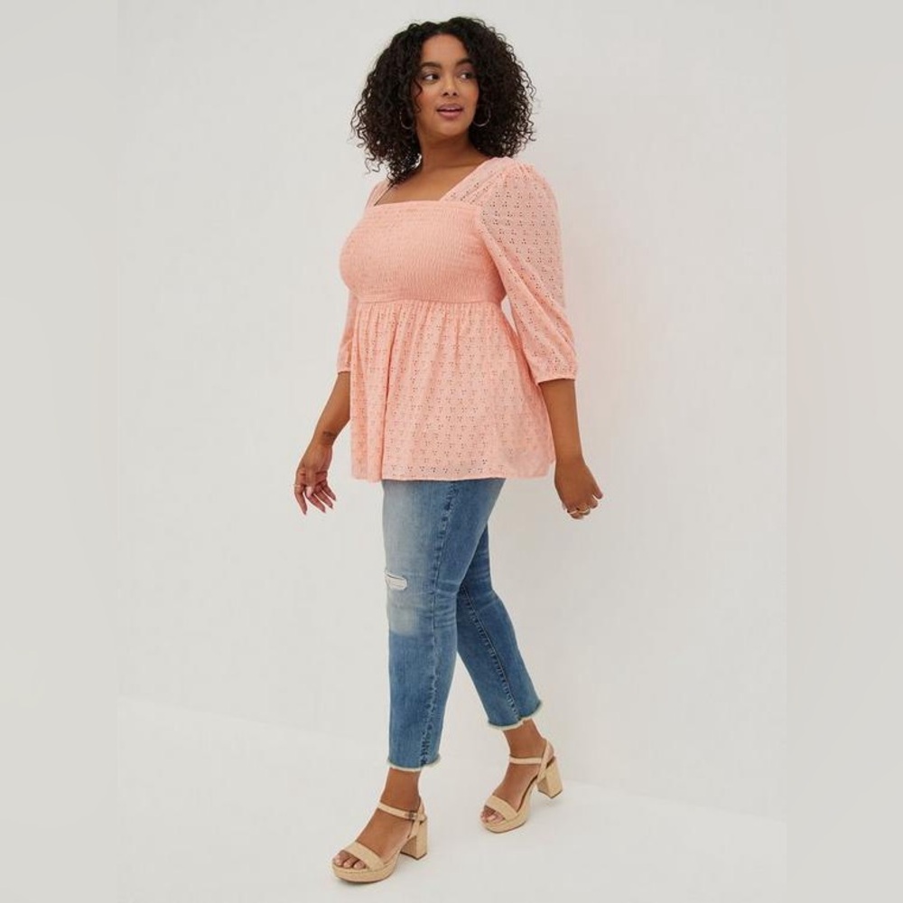 Torrid NWT Size 3 (22) Smocked Babydoll Top - Voile Eyelet Peach